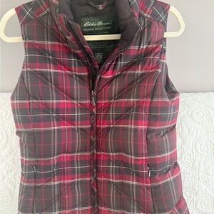 Eddie Bauer Red, Brown, and Cream Down Plaid Puffer Vest